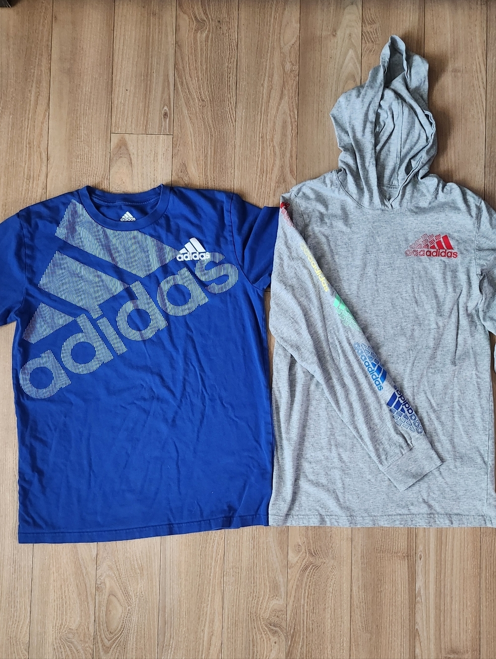 adidas Set: Blue Tee AND Light Gray Hooded Long-Sleeve USED Size: Boy's Large